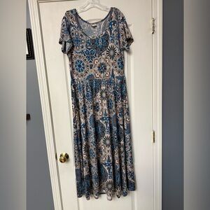 LuLaRoe Blue and Tan Geometric Maxi Dress